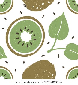 Patrón Kiwi sin fisuras. Kiwi, rodajas, semillas y hojas sobre fondo blanco. Se puede utilizar para papel pintado, tela, papel o decoración. Ilustración dibujada a mano