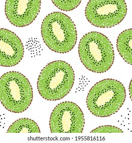 Kiwi seamless pattern, summer organic food wallpaper, vector illustration, fresh green exotic fruits on white background