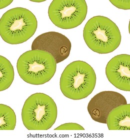 Kiwi seamless pattern white background. Vector illustration of tropical fruits in cartoon flat style.