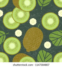 Kiwi seamless pattern. Whole and sliced kiwi fruits with leaves and flowers on shabby background. Original simple flat illustration. Shabby style.