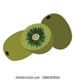 Kiwi en sección, aislado en un fondo blanco. Ilustración vectorial de un afiche decorativo, emblema del producto natural