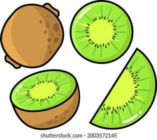 kiwi set icon vector graphic illustration, fresh kiwi, slice, one and a half slice in white background, fresh tropical fruit in set