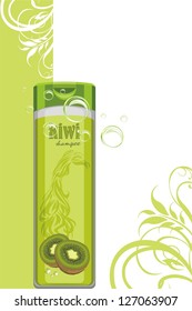 Kiwi shampoo bottle on the decorative background. Vector