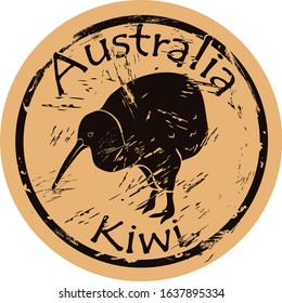 Kiwi silhouette icon round shabby emblem design, old retro style. Kiwi bird in full growth logo mail stamp on craft paper. Shape kiwi vintage grunge sign. Flightless bird. Fauna Australia, new Zealand