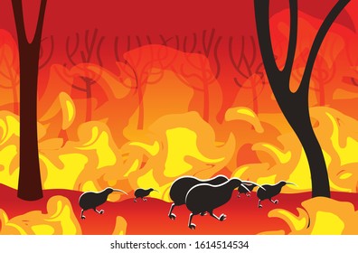 kiwi silhouettes running from forest fires in australia animals dying in wildfire bushfire burning trees natural disaster concept intense orange flames horizontal vector illustration