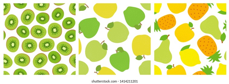 Kiwi slice. Apple, lemon, pear and pineapple. Fruit seamless pattern set. Fashion design. Food print for clothes, linens or curtain. Hand drawn vector sketch. Exotic background collection