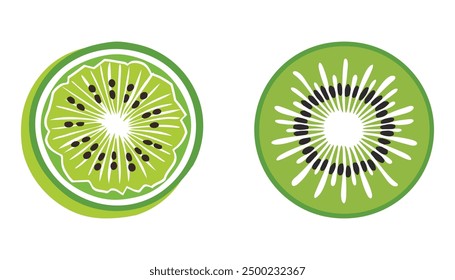 Conjunto de iconos de rebanadas de kiwi. con semillas Ilustración vectorial