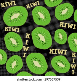 Kiwi slice on black grunge background in square format suitable for wallpaper and fabric, vector illustration