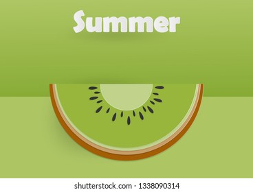 Kiwi slice on green background with paper art style for advertisement, Web design. poster.  Healthy food. Summer time. vector illustration
