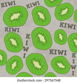 Kiwi slice on grey grunge background in square format suitable for wallpaper and fabric, vector illustration