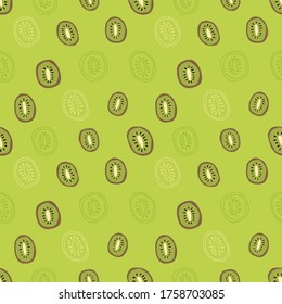 Kiwi slice on salad green background, seamless summer vector pattern. Line-art drawing. Fruit juicy vector print for apparel. fabric, textile, wrapping paper. EPS10, editable