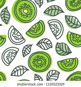 
Kiwi slice seamless pattern. Vector background. Green doodle texture. Fruit sketch