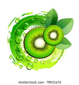 Kiwi slices with abstract background over white background