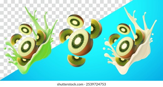 Kiwi slices with flying splash juice and fresh milk. Suitable for decoration, elements, food and drinks