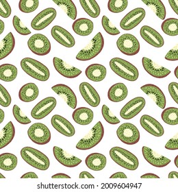 Kiwi slices and half seamless pattern. Food backdrop. Green fruit wallpaper. Isolated on white background. For fabric design, textile print, wrapping, cover. Vector illustration.