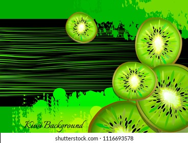 Kiwi slices on a black abstract horizontal background. Vector illustration.