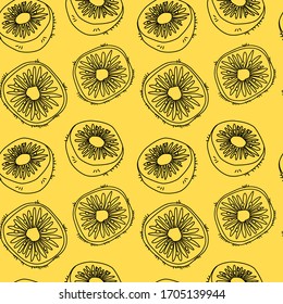 Kiwi slices on yellow backdrop. Tropic fruit seamless pattern for juice pack, wrap paper, sleeper, bath tile, apparel or bed linen. Phone case or cloth print. Drawn style stock vector illustration