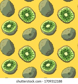 Kiwi slices on yellow backdrop. Tropical fruits seamless pattern for juice pack, wrap paper, sleeper, bath tile, apparel or bed linen. Phone case or cloth print. Drawn style stock vector illustration