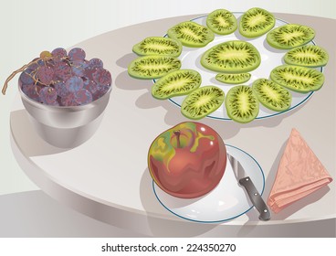Kiwi slices, red grapes and apple - Illustration.