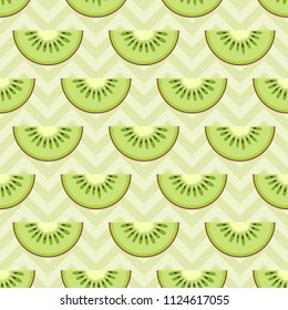 Kiwi slices seamless pattern. Cute green kiwi slices. Citrus fruit background. Summer bright colors, juicy fresh background, design elements. Tasty summer background. Vector color illustration.