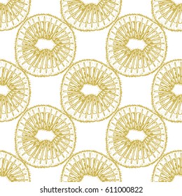 Kiwi slices seamless pattern in vintage stippling style. Vector illustration. Golden kiwi design for food, cosmetics, medicinal, homeopathy products, wallpaper,wrapping and more. All over print.