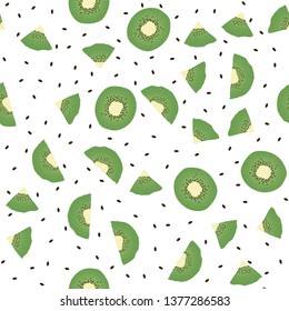 Kiwi slices and seeds seamless backdrop. Healthy food illustration in flat style. Natural, organic food. Vector abstract background. Fresh fruit.
