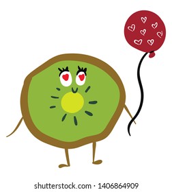 A kiwi smiling happily holding a red balloon with heart design, vector, color drawing or illustration. 