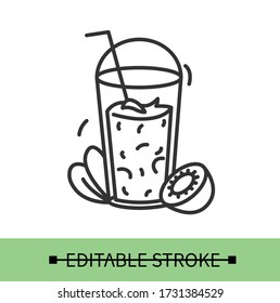 Kiwi smoothie cocktail line icon.Fresh veggie smoothies drink with cup and straw .Homemade healthy detox.Isolated linear vector fruit drink illustration.Take away.Editable stroke
