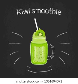 Kiwi smoothie in a jar with a cocktail straw and cream. Color sketch on black Board with white chalk.