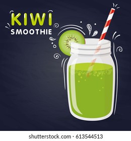 Kiwi smoothie in a jar with a straw. Vector healthy drink with kiwi fruit on blue background.