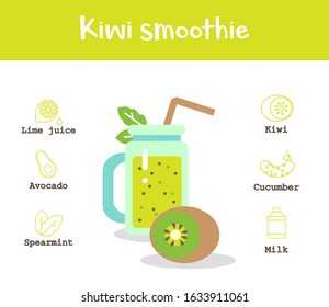 Kiwi smoothie recipe. Collection of tasty healthy drink in glass. Fruit detox beverage for breakfast. Tasty ingredient. Vector illustration in cartoon style isolated