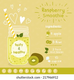 Kiwi smoothie recipe. With illustration of ingredients and vitamin. Doodle style