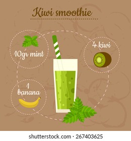 Kiwi smoothie recipe. Menu element for cafe or restaurant with energetic fresh drink. Fresh juice for healthy life.