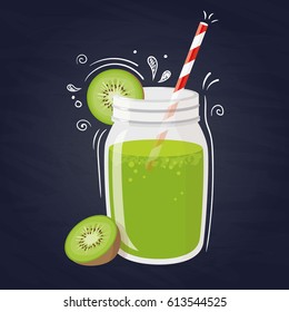 Kiwi smoothie. Vector healthy drink with kiwi fruit on blue background.