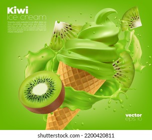 Kiwi soft ice cream cone with splash of fruit sauce, milk and berry slices. Vector 3d waffle cone with realistic green swirl of icecream, gelato or frozen yogurt, sweet milk dessert with kiwi topper