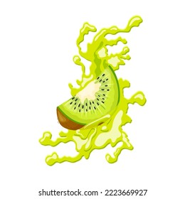 kiwi splash cartoon. fruit juice, fresh green, food freshness, health liquid, natural slice, diet water, juicy vitamin drink kiwi splash vector illustration