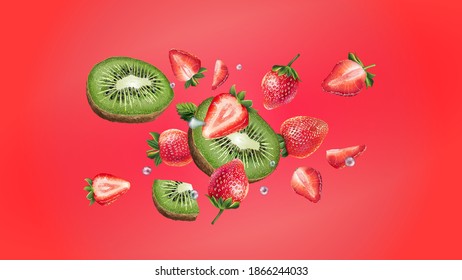 Kiwi and strawberries are flying on a red background.