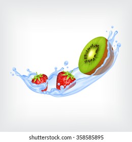 Kiwi and strawberry with blue splashing water. Vector icon. EPS10 vector