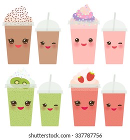 Kiwi Strawberry Chocolate Coffee Take-out Smoothie Transparent Plastic Cup With Straw And Whipped Cream. Kawaii Cute Face With Eyes And Smile  Isolated On White Background. Vector