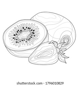
Kiwi and strawberry. Fruits.Coloring book antistress for children and adults. Zen-tangle style.Black and white drawing