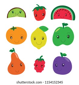 Kiwi, strawberry, watermelon, mandarin, lemon, apple, pear, raspberry, plum. Fruit and berry collection. Vector cartoon smiling characters. Colorful cute set. Fresh healthy food. Vegan menu