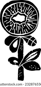 Kiwi stylized. Hand-drawn illustration in linocut style. Black vector element for design