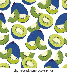 Kiwi. Tropical fruit seamless pattern in hand-drawn style. Vegetarian food vector repeat background for colorful summer fabric.