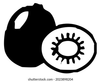 Kiwi, tropical fruit, vector, illustration in black and white color, isolated on white background  