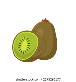 Kiwi tropical fruit vector illustration. Cartoon isolated whole ripe kiwi with green pulp and hairy peel, cut in half on round section with juicy texture and seeds, healthy exotic dessert from tropics