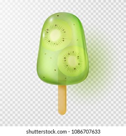 Kiwi tropical ice lolly isolated on transparent background. Realistic green freeze juice on stick. Vector glossy homemade tropic popsicle template for your summer time advertising design.