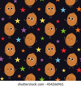 Kiwi, vector seamless pattern with cute fruit characters on dark background with colorful stars
