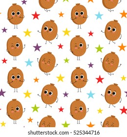 Kiwi, vector seamless pattern with cute fruit characters and colorful stars isolated on white