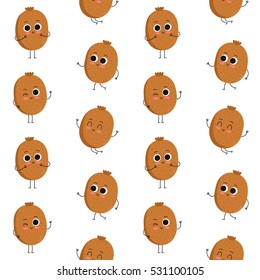 Kiwi, vector seamless pattern with cute fruit characters isolated on white
