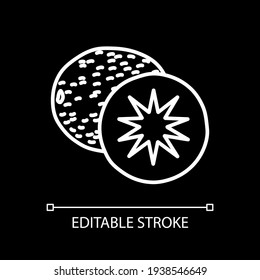 Kiwi white linear icon for dark theme. Cut fruit. Nutrition and dietary. Fresh food. Thin line customizable illustration. Isolated vector contour symbol for night mode. Editable stroke